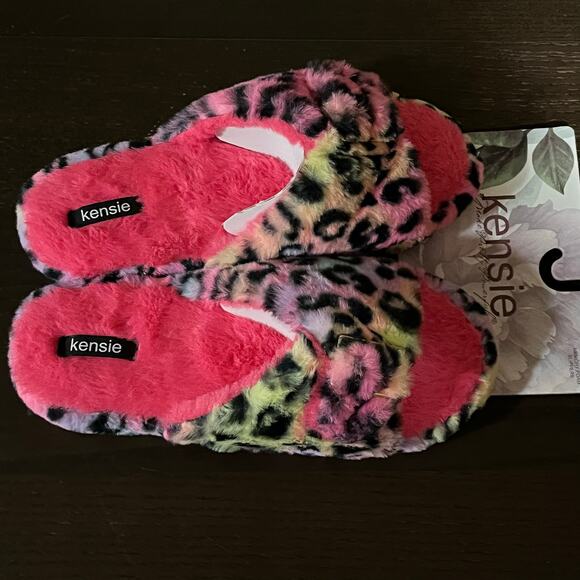 Kensie Animal Print Memory Foam Slippers Pink Rainbow Women's size 9 - Picture 5 of 7